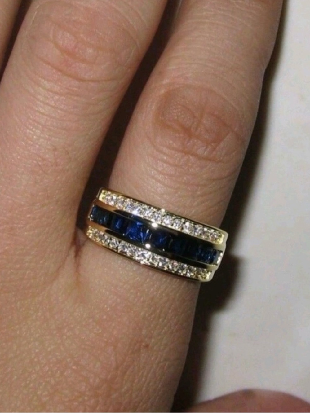 18K Gold Men's Blue Sapphire Channel Ring with Clear Pavé Bands Sz 13
